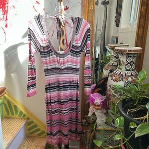 Guess Jeans Y2K Pink Striped Crochet Long Sleeve Dress L